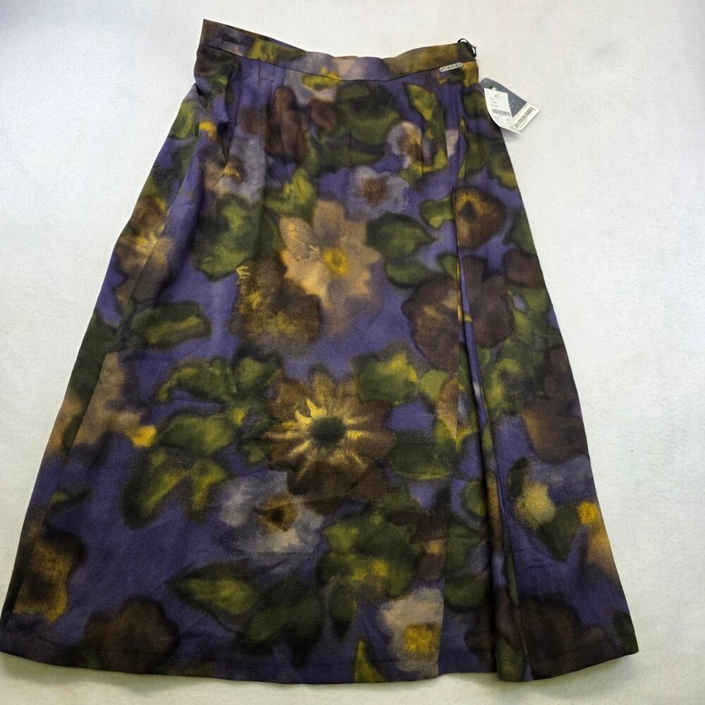 Geiger Wool Silk Pleated Midi Skirt 14 Purple Green Floral Fairy Grunge Romantic